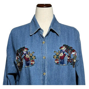 Vintage Quizz Top Womens 22 Blue Denim Embroidered‎ Teddy Bears Long Sleeve